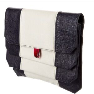Black Fleece by Brooks Brothers Navy with Cream and Red Leather Flap Clutch Bag